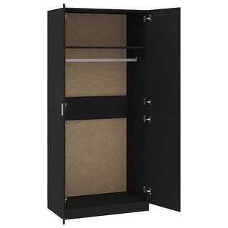 The CHOICEWARDROBE Kaylor Black 2 Door Wardrobe, a sleek modern storage solution, features open doors revealing an empty interior with a hanging rod, upper shelf, lower compartment, and unfinished wood inside.