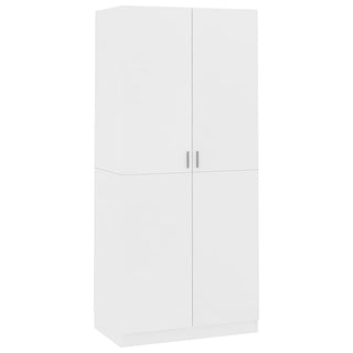 The CHOICEWARDROBE Kaylor White Wooden 2 Door Wardrobe features a sleek, minimalistic design and ample bedroom storage, standing out with its modern style against a plain background.
