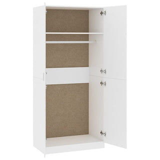 The CHOICEWARDROBE Kaylor White Wooden 2 Door Wardrobe stands open, showing a hanging rod, a top shelf, and an empty lower section. Its interior back panel features a brown wood finish for sleek, minimal bedroom storage.