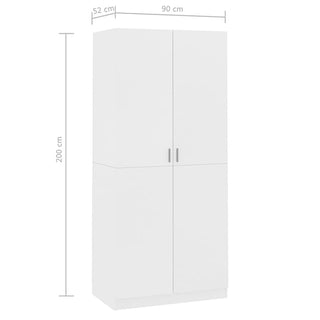 The CHOICEWARDROBE Kaylor White Wooden 2 Door Wardrobe features a sleek minimal design, simple handles, and spacious storage. Measuring 200x90x52 cm, it offers classic style and practical bedroom organization.