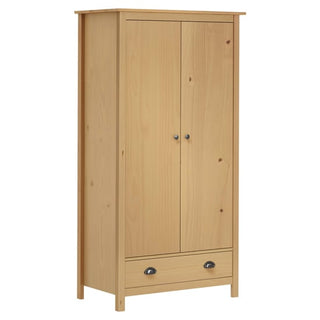 The CHOICEWARDROBE Kendal 2 Door Wooden Wardrobe features a classic pine finish, hanging rail, and bottom drawer for bedroom storage. Its simple design and small round door handles add charm to any space. Size: 89cm.