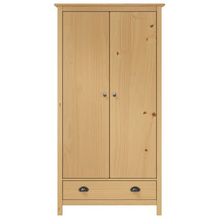 The CHOICEWARDROBE Kendal 2 Door Wooden Wardrobe in pine finish features a classic design with metal knobs, a bottom drawer, and a hanging rail, showcasing natural wood grain for stylish bedroom storage.