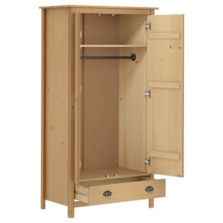The CHOICEWARDROBE Kendal 2 Door Wooden Wardrobe in a 89cm pine finish offers classic bedroom storage with an open door, interior hanging rail, top shelf, and lower drawer—its simple design adds timeless charm to any room.