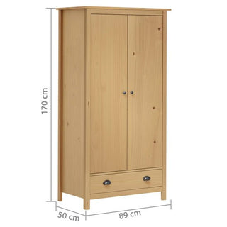 The CHOICEWARDROBE Kendal 2 Door Wooden Wardrobe in pine finish offers a classic storage design with a hanging rail and drawer. Measuring 170cm high, 89cm wide, and 50cm deep, it's an ideal solution for bedroom organization.