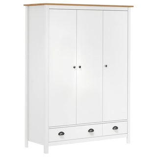 The CHOICEWARDROBE Kendal 3 Door Wooden Wardrobe in white & oak features drawers, shelves, a hanging rail, and a light wood top for classic storage with modern style. Size: 127cm.
