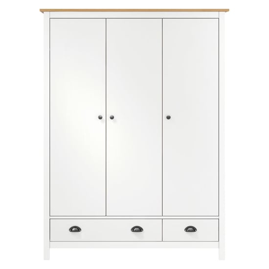 White and oak 3-door wardrobe with black handles and two bottom drawers