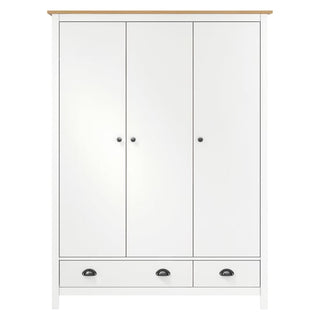 The CHOICEWARDROBE Kendal 3 Door Wooden Wardrobe (127cm, White & Oak Finish) features black handles, two bottom drawers, a light wood top, shelves and a hanging rail for classic storage.