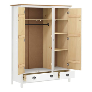 The CHOICEWARDROBE Kendal 3 Door Wooden Wardrobe (127cm, White & Oak Finish) features shelves, a hanging rail, and drawers inside, all with a natural wood interior for classic storage.