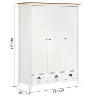 The CHOICEWARDROBE Kendal 3 Door Wooden Wardrobe in white & oak finish features drawers, shelves, a hanging rail, and measures 170 cm tall, 127 cm wide, and 50 cm deep—a classic storage solution with a wooden top.