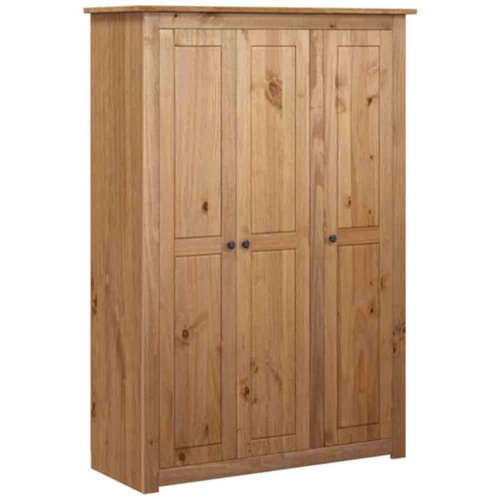 Solid pine 3-door wardrobe with natural wood finish and classic panelled doors with black knobs.