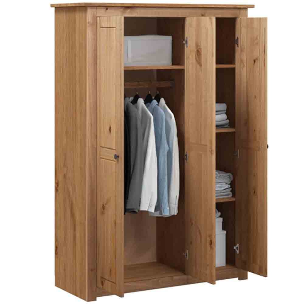 CHOICEWARDROBE Kendal 80cm solid pine 3 door wardrobe, natural wood finish, open doors showing hanging rail and shelves.