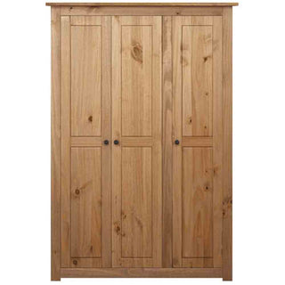 The CHOICEWARDROBE Kendal 80cm Solid Pine 3 Door Wardrobe features a natural wood finish, classic panel design, and rustic style—ideal for bedroom storage.