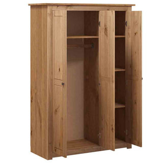 The CHOICEWARDROBE Kendal 80cm Solid Pine 3 Door Wardrobe features a classic panel design and natural wood finish. Its left section includes a shelf and hanging rod, while the right offers multiple shelves for functional, rustic bedroom storage.