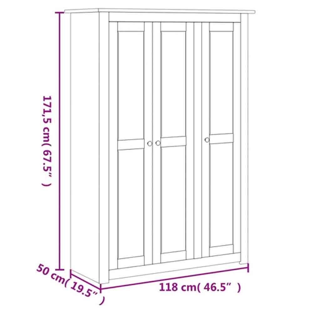 Line drawing of CHOICEWARDROBE Kendal 80cm solid pine 3-door wardrobe, dimensions 171.5cm H x 50cm D.
