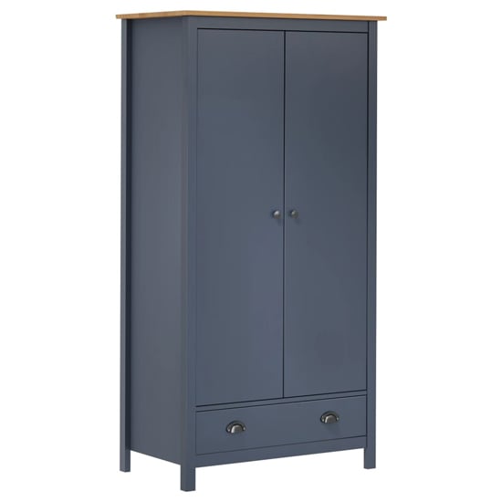Grey two-door wardrobe with drawer and oak top