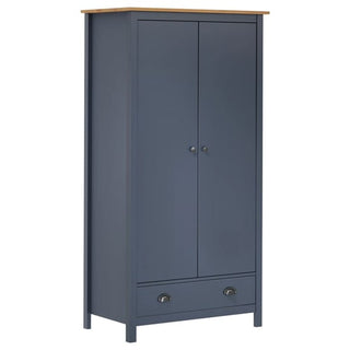 The CHOICEWARDROBE Kendal Wooden Wardrobe features 2 doors, a lower drawer with metal handles, and a hanging rail. It measures 89cm wide and showcases a modern country design in grey with an oak finish for durable style.