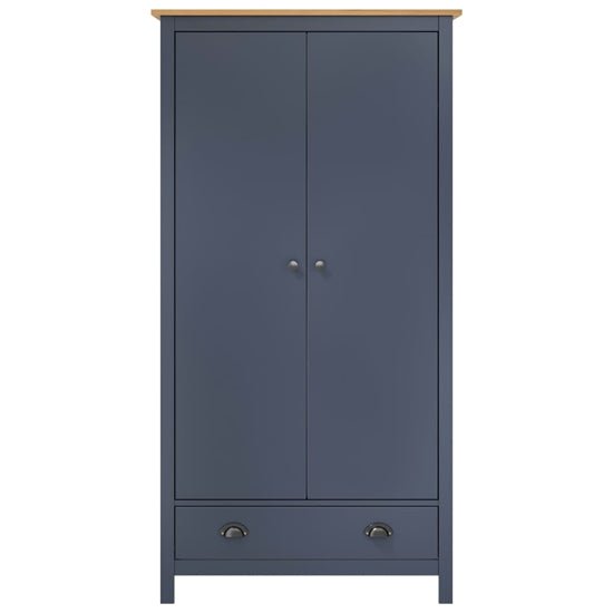 Kendal 2-door wooden wardrobe in grey with oak top and bottom drawer, metal handles.