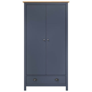 The CHOICEWARDROBE Kendal Wooden Wardrobe features 2 grey doors with round knobs, an oak top, a bottom drawer with 2 metal handles, and a modern country design. Measures 89cm wide and includes a handy hanging rail.