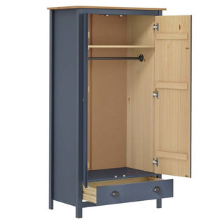 The CHOICEWARDROBE Kendal Wooden Wardrobe in grey & oak finish features 2 doors, a drawer, metal handles, a hanging rail, and modern country design details in natural wood accents for stylish storage. Width: 89cm.