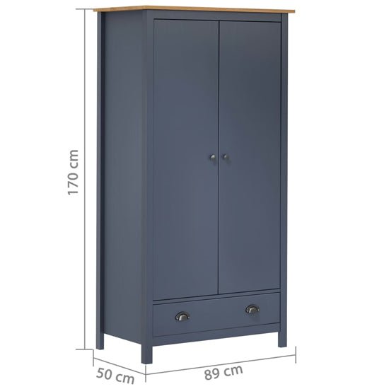 Grey and oak 2-door wardrobe with a drawer, 170cm high, 89cm wide, 50cm deep.