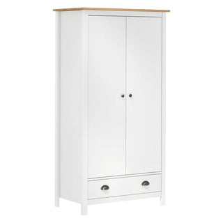 The CHOICEWARDROBE Kendal Wooden Wardrobe features a modern country style in white and oak, with two doors, a bottom drawer with metal handles, an 89cm width, and a hanging rail—ideal for complementing any bedroom décor.