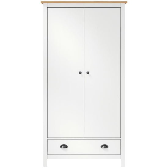 White two-door wardrobe with oak effect top and a single drawer with metal handles.