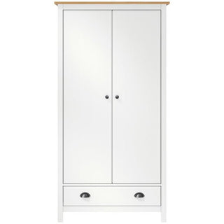 The CHOICEWARDROBE Kendal Wooden Wardrobe has a modern country style with a white and oak finish, two doors, an 89cm width, a bottom drawer with metal handles, and includes a hanging rail.
