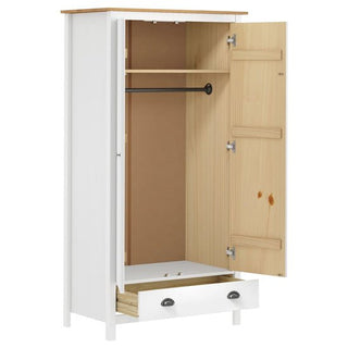 The CHOICEWARDROBE Kendal Wooden Wardrobe features 2 doors and a drawer in a white and oak finish, modern country style, with metal handles, hanging rail, shelf, and a spacious interior. Width: 89cm.