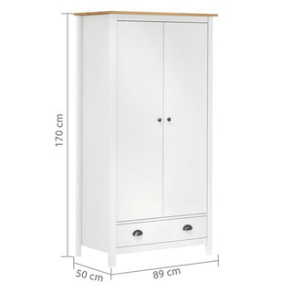 The CHOICEWARDROBE Kendal Wooden Wardrobe features 2 doors, a drawer, white & oak finish, hanging rail, metal handles, and measures 89cm wide. Its modern country style combines looks and function for stylish storage.