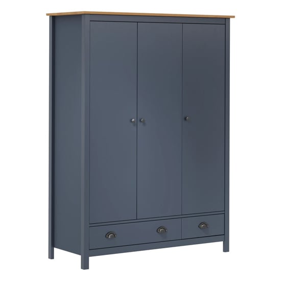 CHOICEWARDROBE Kendal 3-door navy blue wardrobe with rustic oak top and brushed handles.