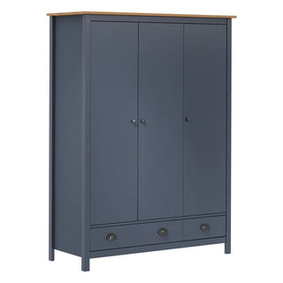 The CHOICEWARDROBE Kendal Wooden Wardrobe features 3 navy blue doors, 3 bottom drawers, a rustic oak-effect top, and round black handles. Modern storage includes shelves and a hanging rail in an elegant painted design.