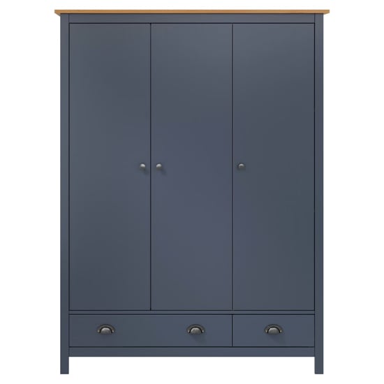 CHOICEWARDROBE navy blue 3 door wardrobe with rustic oak top and metal handles and drawers.