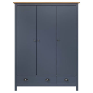 The CHOICEWARDROBE Kendal Wooden Wardrobe features three navy blue doors with metal handles, three bottom drawers with metal pulls, an oak-finish rustic top, hanging rail and shelves for modern storage in an elegant, painted design.