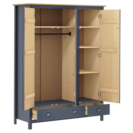 CHOICEWARDROBE 3-door navy blue wooden wardrobe with oak top, open doors showing shelves, drawers and hanging rail.