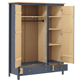 The CHOICEWARDROBE Kendal 3 Door Navy Blue & Oak Finish Wooden Wardrobe features a modern painted design, hanging rail, three shelves, and two bottom drawers. Both doors are open showing the empty natural wood interior.