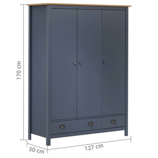 The CHOICEWARDROBE Kendal Wooden Wardrobe features 3 navy blue doors, 2 bottom drawers, hanging rail, shelves, and an oak-finish rustic top; measures 170cm tall, 127cm wide, and 50cm deep; dimensions are shown and labeled.