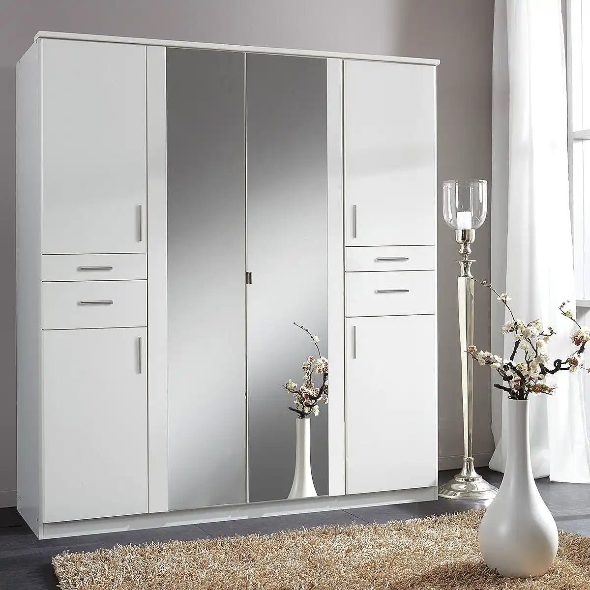 White 6-door wardrobe with mirrored centre doors and 4 drawers