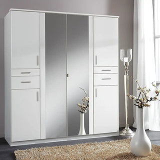 White 6 door mirrored wardrobe with 4 drawers and shelves, offering sleek modern storage and full-length reflection for UK bedrooms.