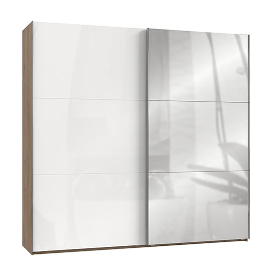 CHOICEWARDROBE 2 door sliding wardrobe with white gloss and mirrored panels, planked oak frame.