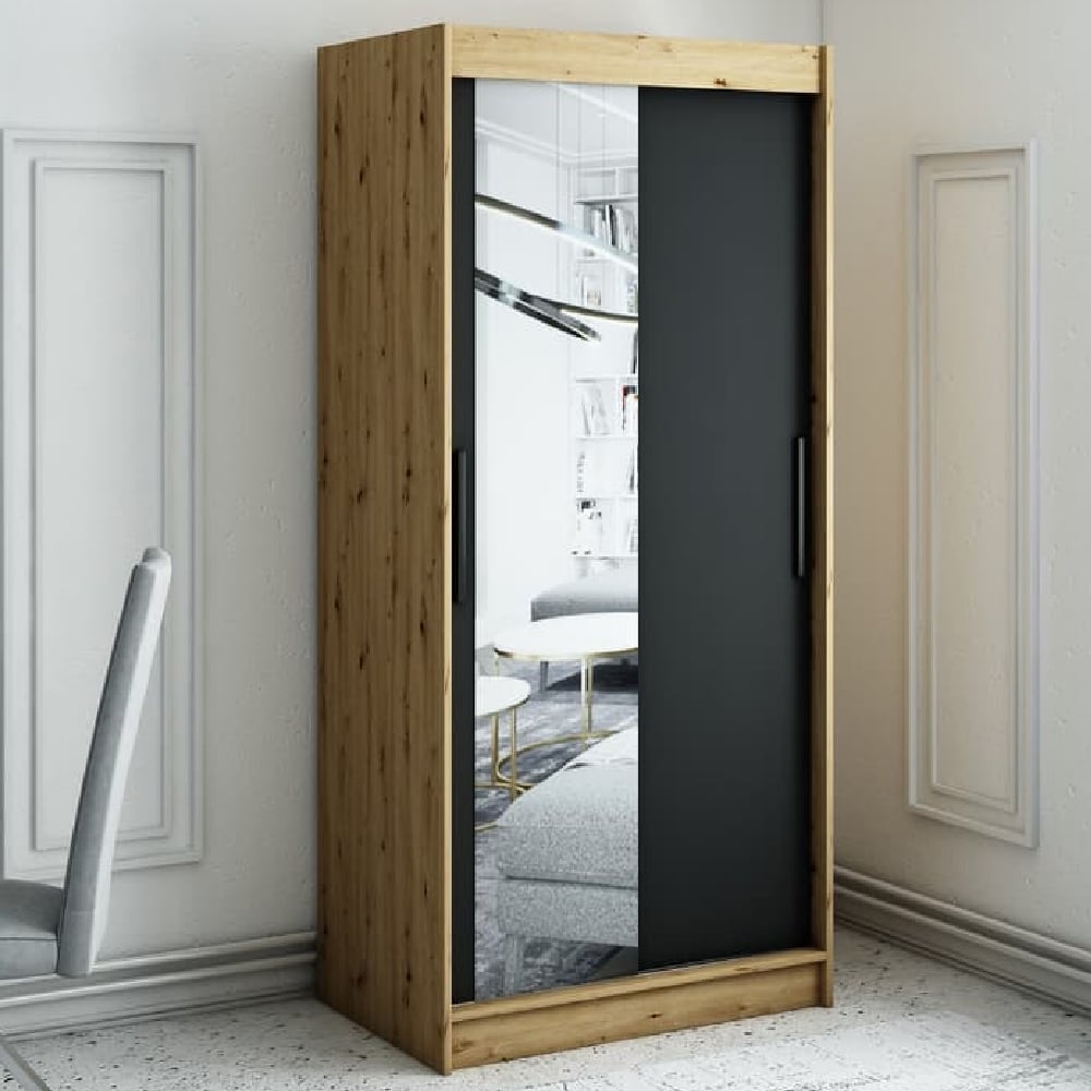 CHOICEWARDROBE Laconia 100cm Black and Oak sliding wardrobe with one mirrored door