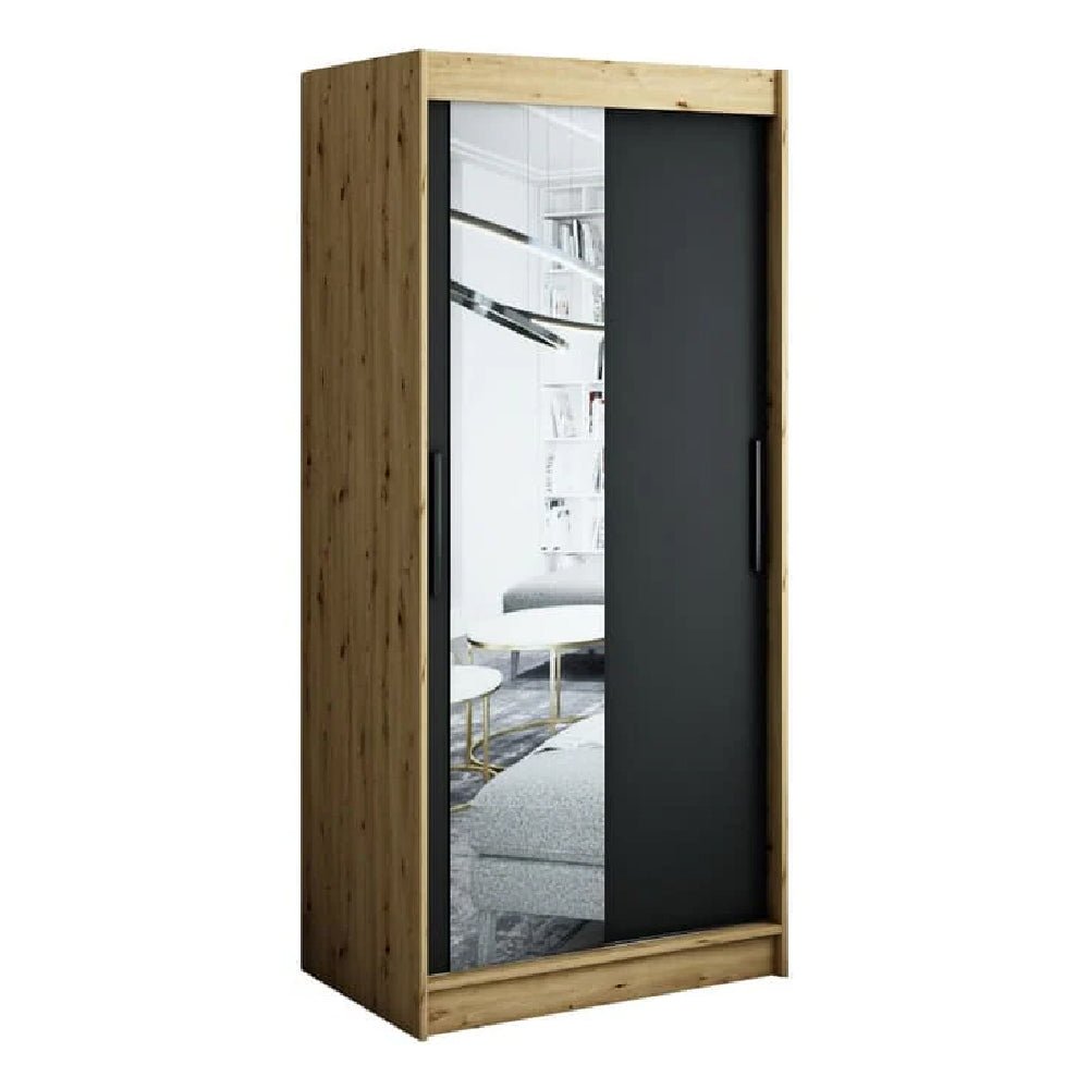 CHOICEWARDROBE Laconia 100cm sliding wardrobe in black and oak with one mirrored door and one matte black door.