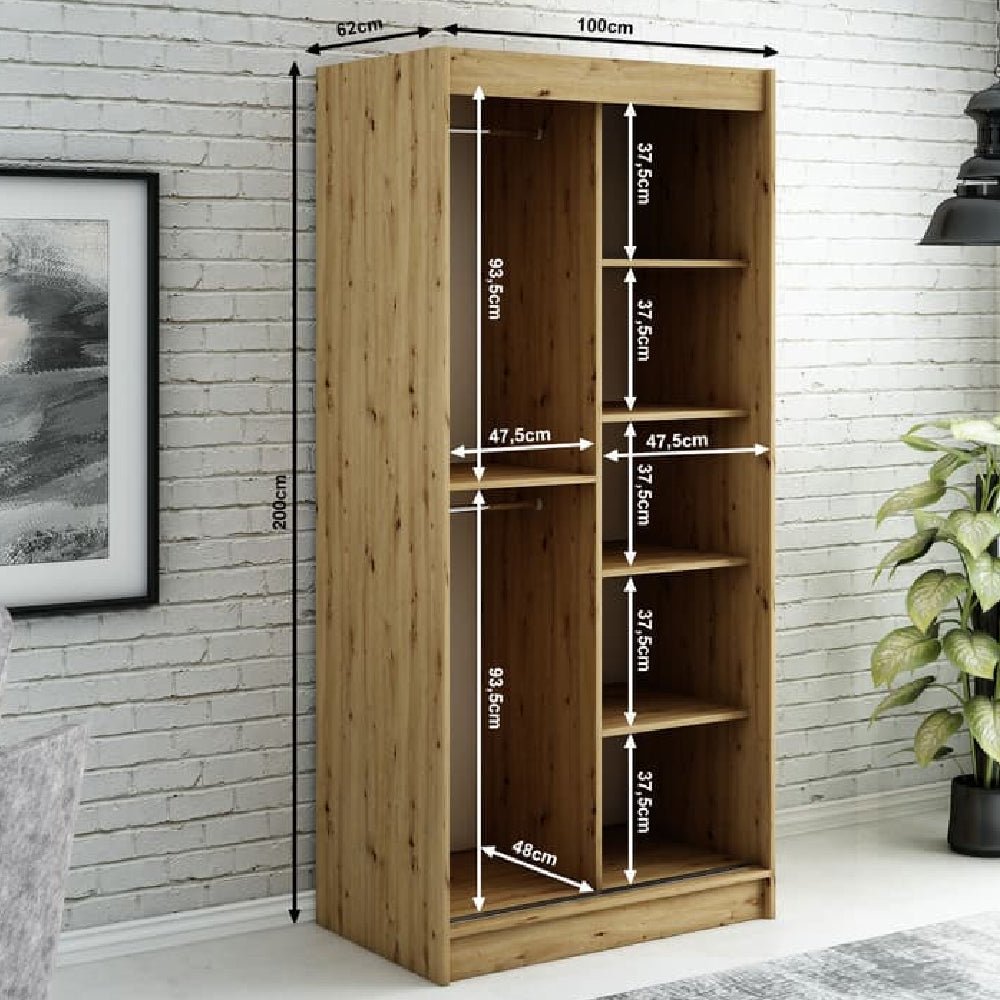 CHOICEWARDROBE Laconia 100cm black oak mirrored sliding door wardrobe with shelves. 200cm H x 100cm W x 62cm D.
