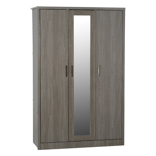 Laggan 3 door mirrored wardrobe in textured black oak finish - modern closed front view with central mirror.