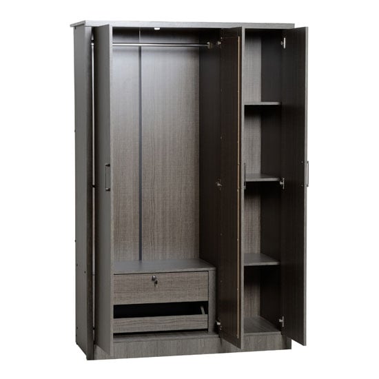 Laggan 3-door textured black oak wardrobe open view with hanging rail, shelves, and lockable drawer.