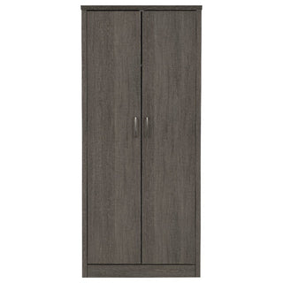 The CHOICEWARDROBE Laggan Black 2 Door Wardrobe features a tall, rectangular design with simple silver handles, wood grain texture, and compact modern storage including a hanging rail. Minimalist style, no visible decorations.