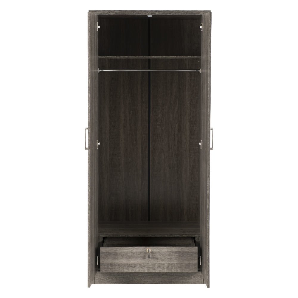 CHOICEWARDROBE Laggan dark wood 2 door wardrobe with hanging rail and visible drawer.