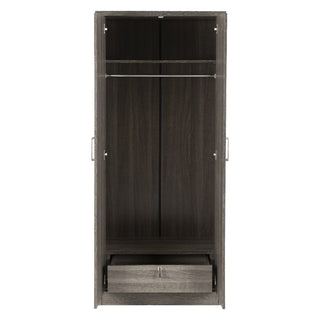 The CHOICEWARDROBE Laggan Black 2 Door Wardrobe features a modern design with two side handles, a top hanging rail, and a bottom pull-out drawer. Made from dark wood, this compact piece offers sleek storage for any room.