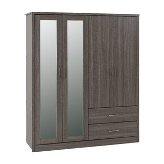 The CHOICEWARDROBE Laggan Black 4 Door Mirrored Wardrobe offers modern bedroom storage with two full-length mirrors and bottom drawers, shown against a plain white background.
