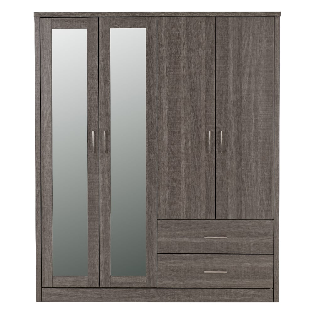 CHOICEWARDROBE 4 door mirrored wardrobe with two mirrored doors on left, two plain doors on right, and two drawers.