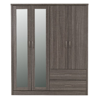 The CHOICEWARDROBE Laggan Black 4 Door Mirrored Wardrobe is a modern bedroom storage piece with two mirrored doors on the left, two plain doors on the right, and two bottom drawers featuring sleek metal handles.